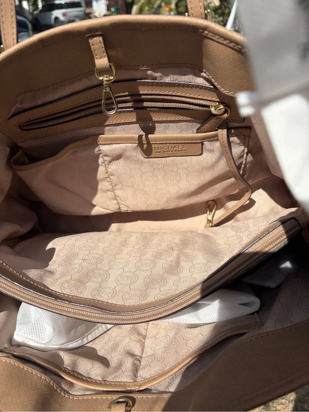 Michael Kors Beige/Tan Saffiano Leather Tote with Gold Logo Charm